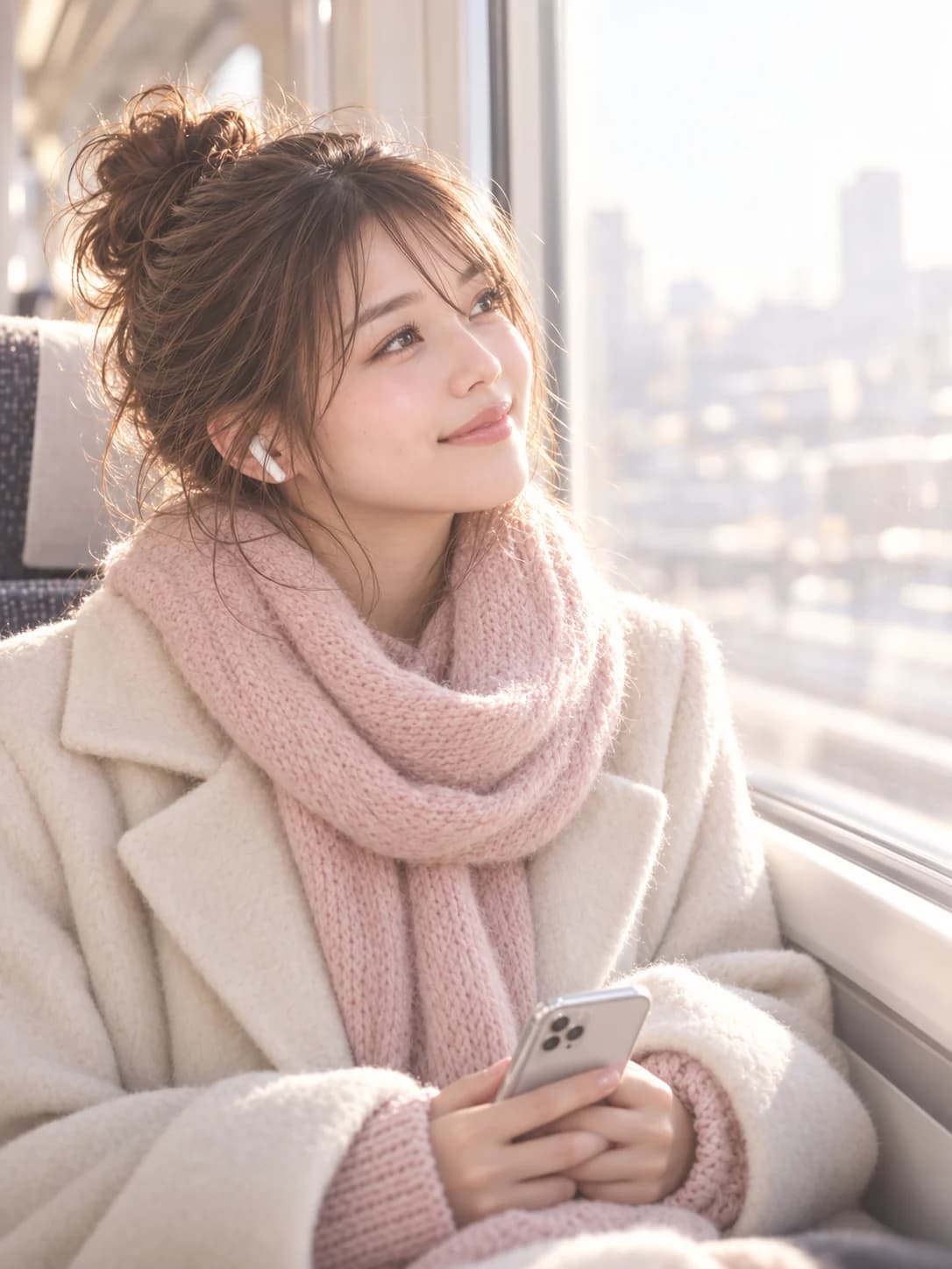 朝の窓辺でイヤホンをつけ、ほほえむ女性