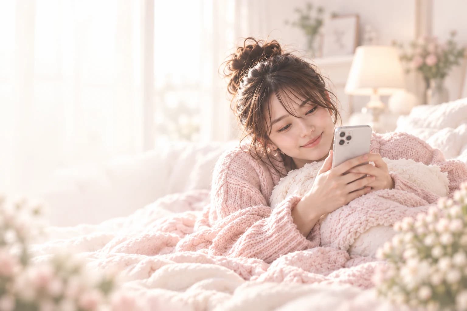 やわらかな日差しの中、好きな声との会話にほほえむ女性