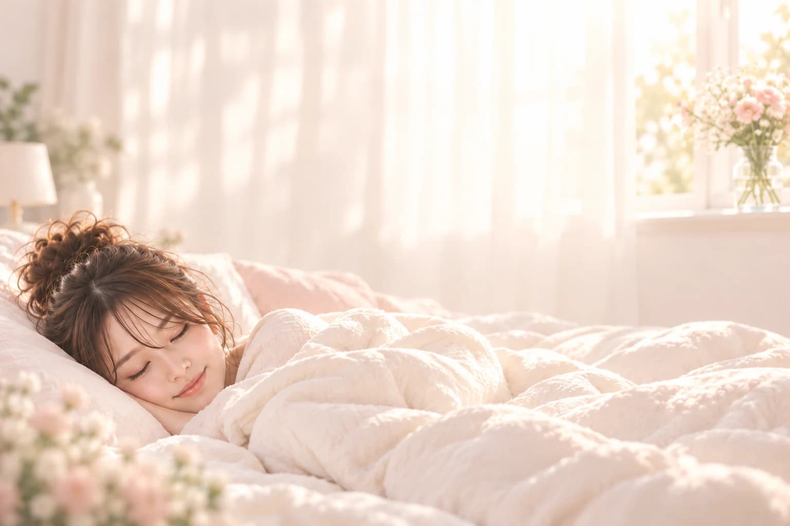 朝日が差し込む寝室で、やわらかな布団に包まれて眠る女性